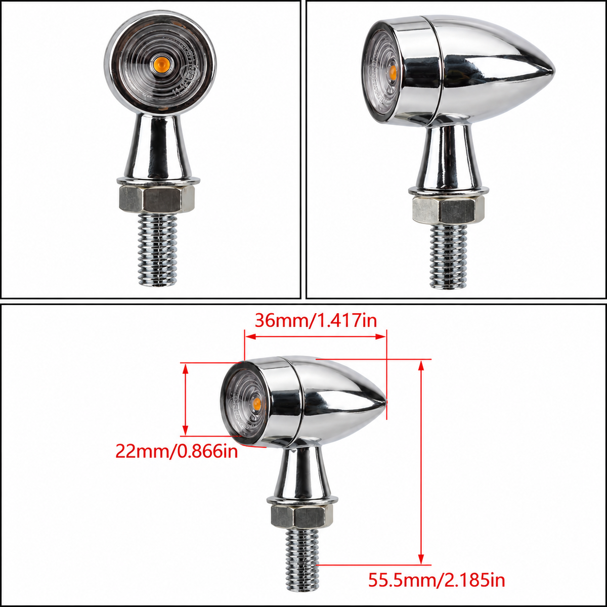 Mini chrome LED bullet motorcycle indicators with dimensions